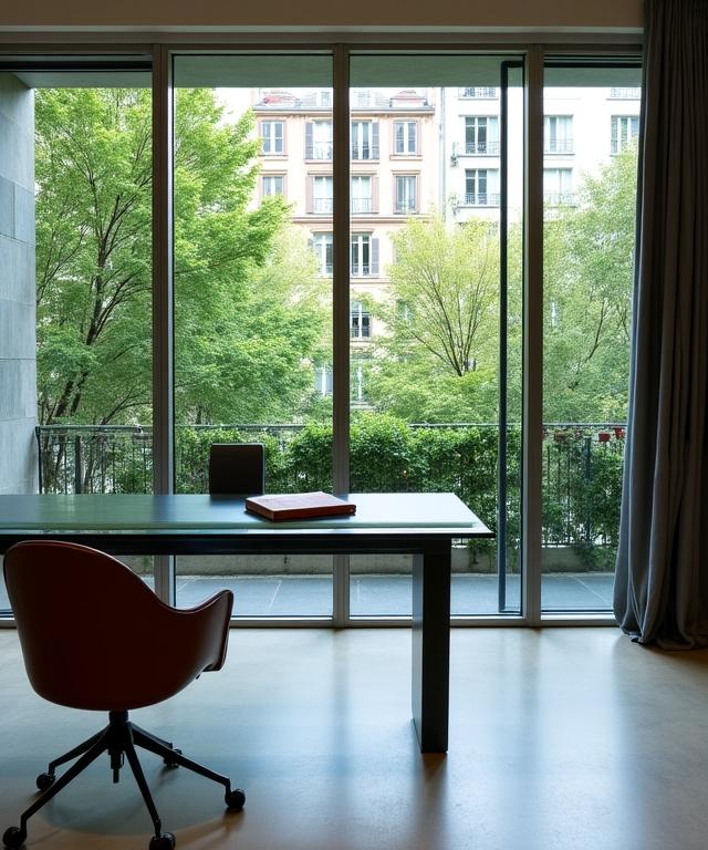 Un bureau d'avocat moderne à Paris avec vue sur les jardins